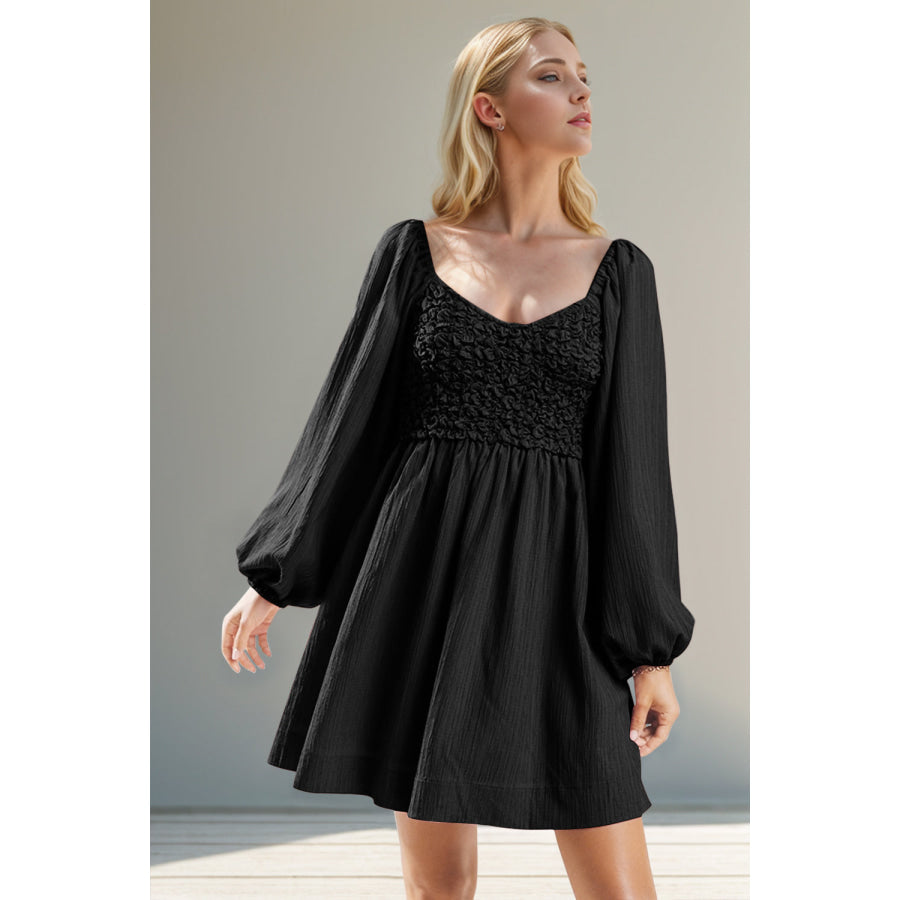 Double Take Texture Smocked Balloon Sleeve Mini Dress Black / S Apparel and Accessories