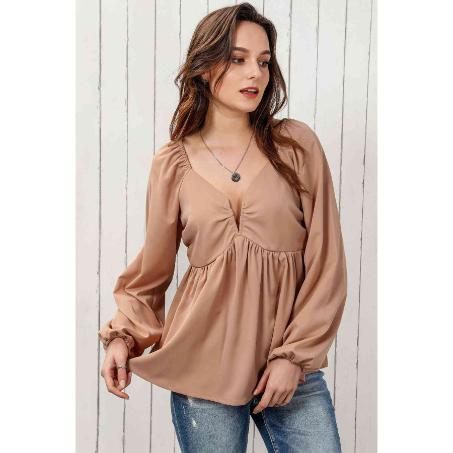 Double Take Tie Back Smocked Long Sleeve Babydoll Blouse Apparel and Accessories