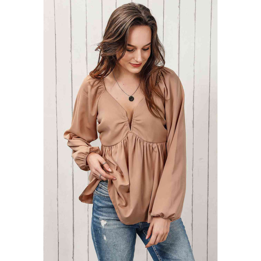 Double Take Tie Back Smocked Long Sleeve Babydoll Blouse Apparel and Accessories