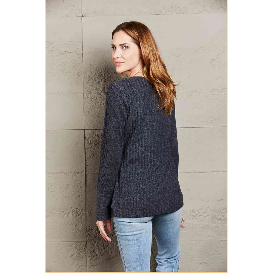 Double Take V-Neck Long Sleeve Ribbed Top Shirts & Tops