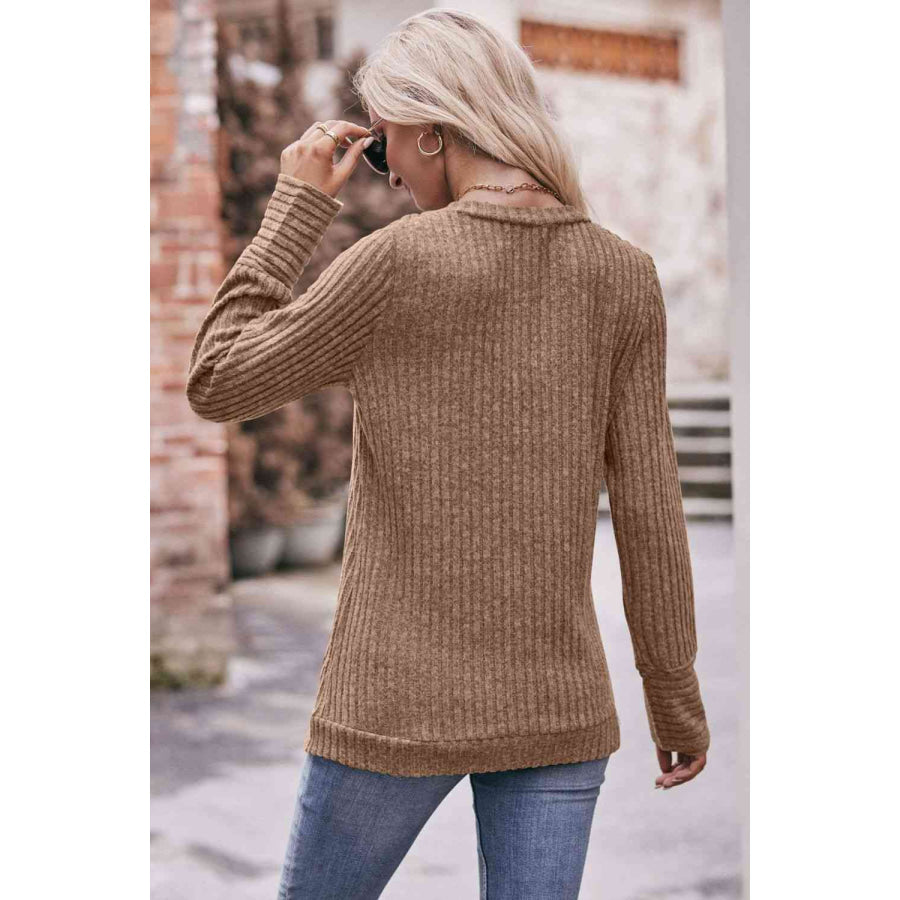 Double Take V-Neck Long Sleeve Ribbed Top Shirts & Tops
