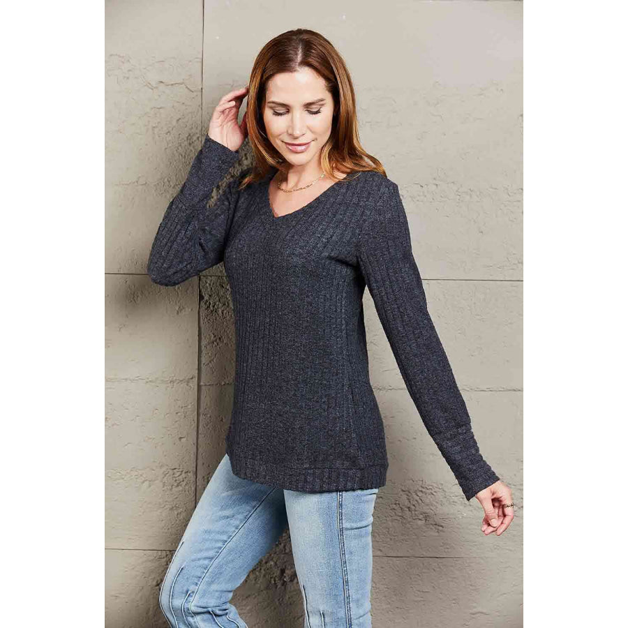 Double Take V-Neck Long Sleeve Ribbed Top Shirts & Tops
