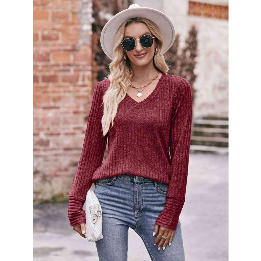 Double Take V-Neck Long Sleeve Ribbed Top Shirts & Tops