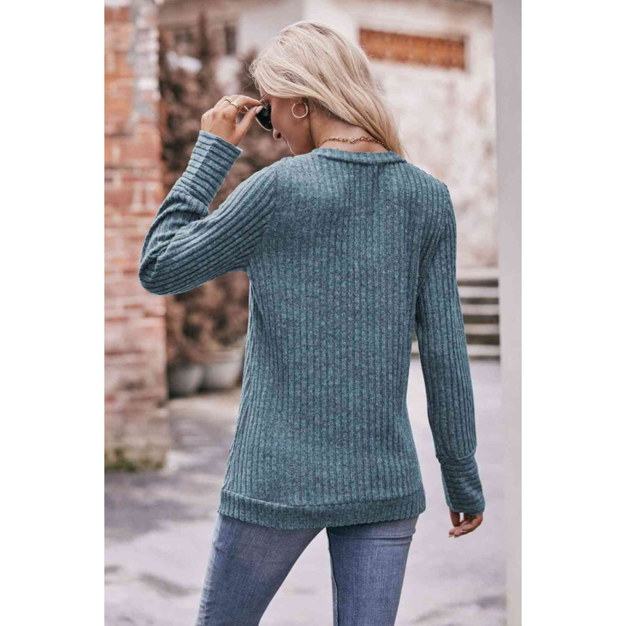 Double Take V-Neck Long Sleeve Ribbed Top Shirts & Tops