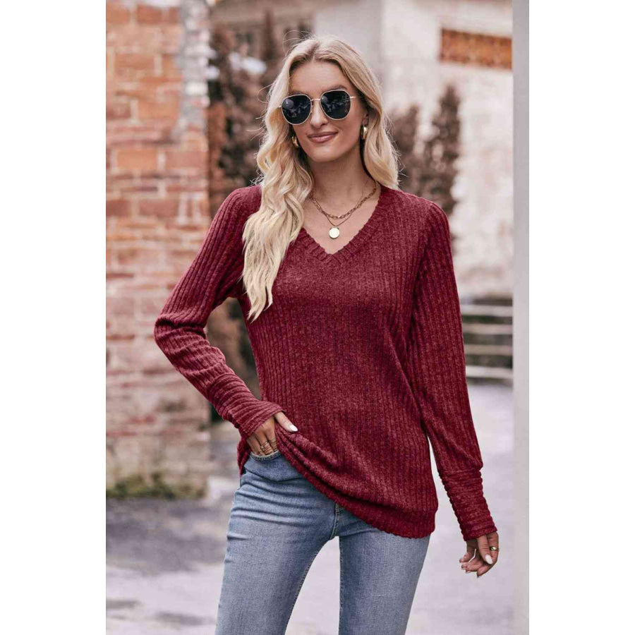 Double Take V-Neck Long Sleeve Ribbed Top Wine / S Shirts & Tops