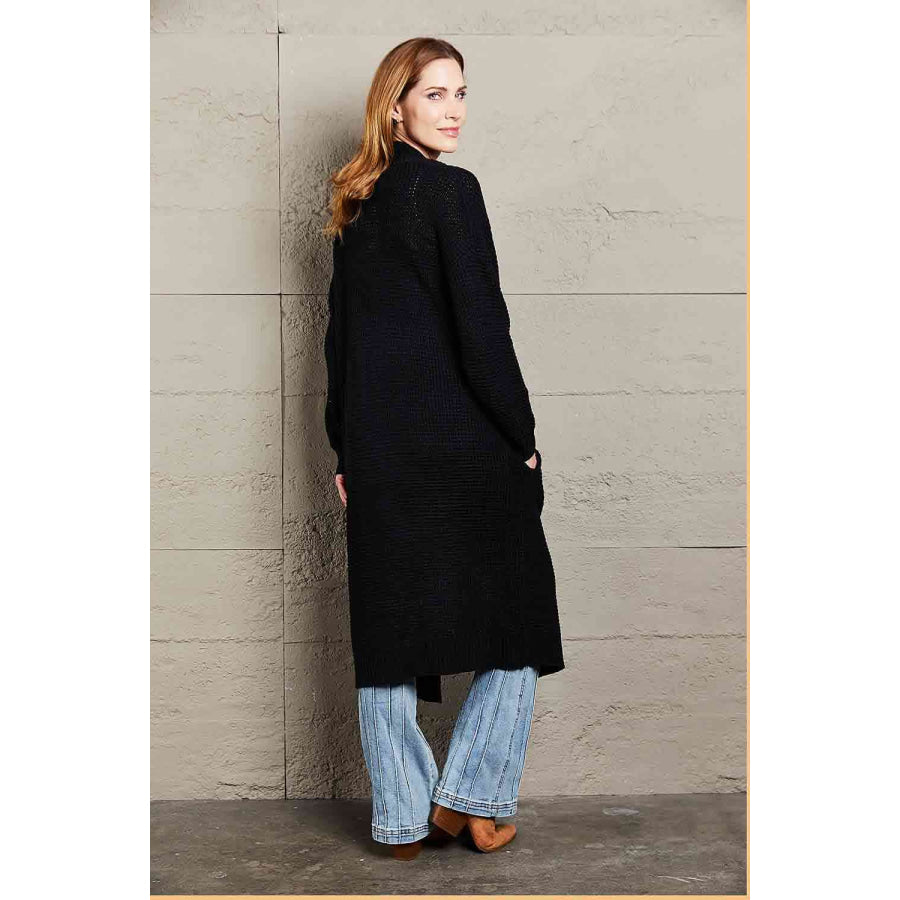 Double Take Waffle Knit Open Front Duster Cardigan With Pockets Apparel and Accessories