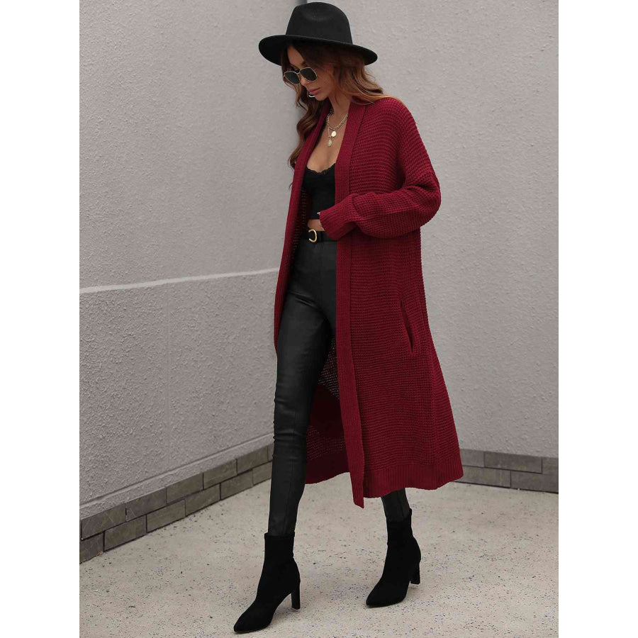 Double Take Waffle Knit Open Front Duster Cardigan With Pockets Apparel and Accessories