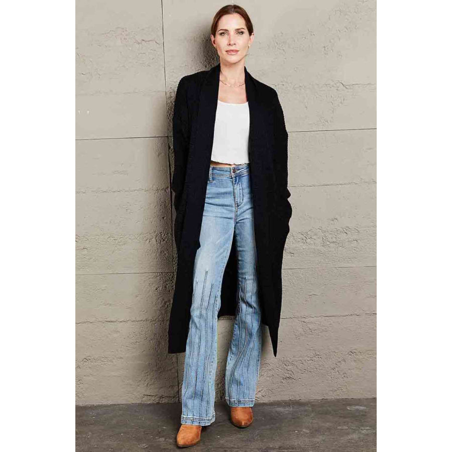 Double Take Waffle Knit Open Front Duster Cardigan With Pockets Apparel and Accessories