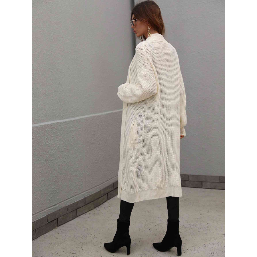 Double Take Waffle Knit Open Front Duster Cardigan With Pockets Apparel and Accessories