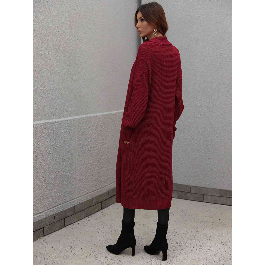 Double Take Waffle Knit Open Front Duster Cardigan With Pockets Apparel and Accessories