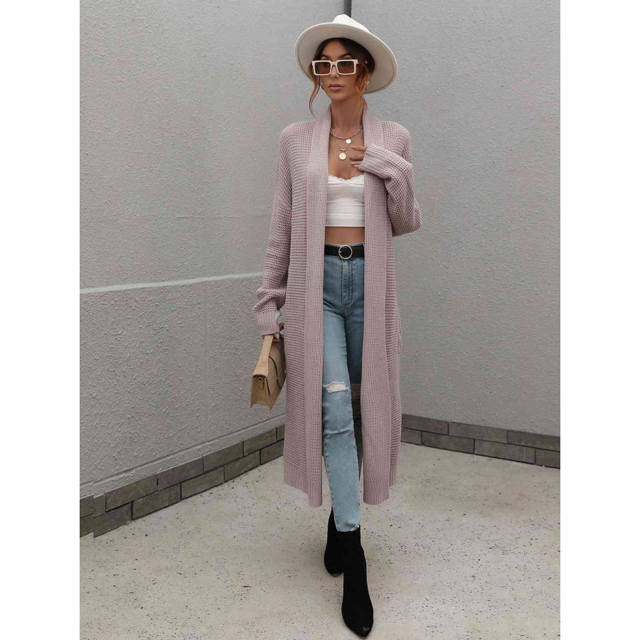 Double Take Waffle Knit Open Front Duster Cardigan With Pockets Purple / S Apparel and Accessories