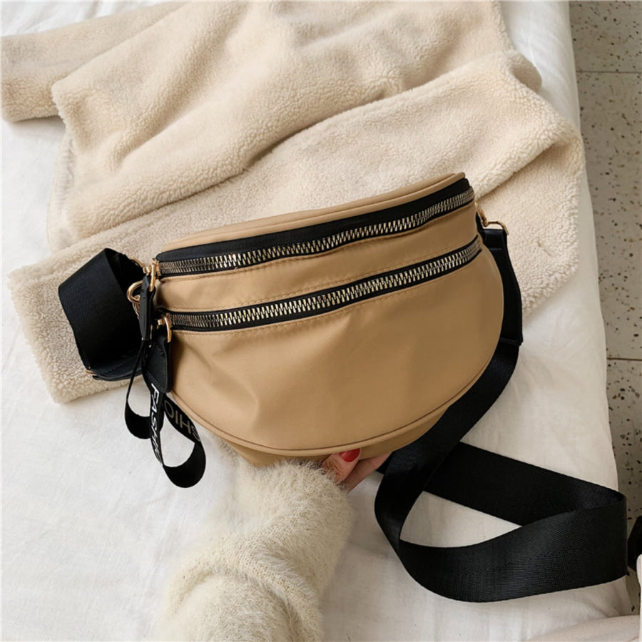 Double Zip Nylon Crossbody Bag Tan / One Size Apparel and Accessories