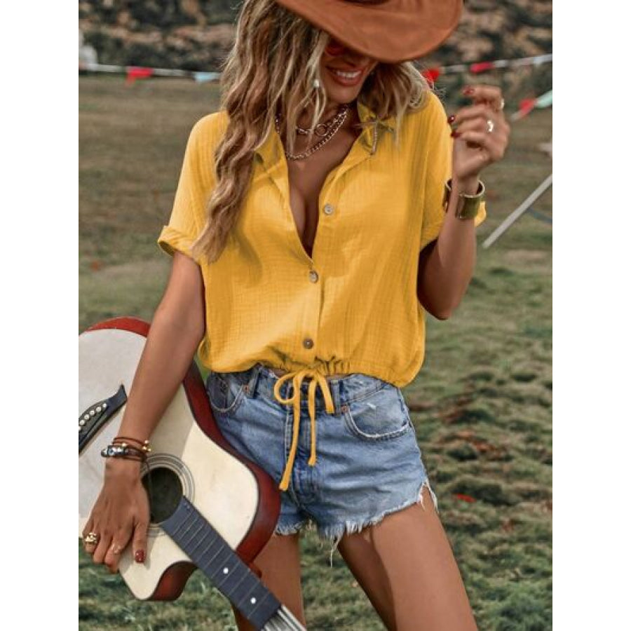 Drawstring Button Up Short Sleeve Blouse Apparel and Accessories