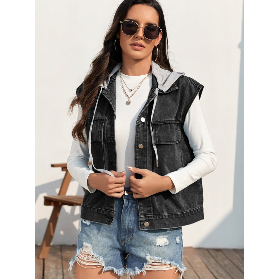 Drawstring Button Up Sleeveless Denim Jacket Black / S Apparel and Accessories