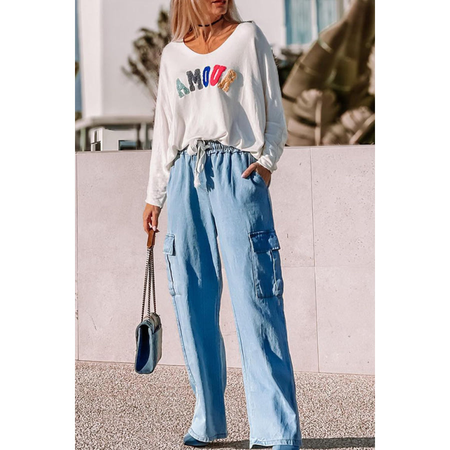 Drawstring Cargo Pocket Wide Leg Jeans Apparel and Accessories