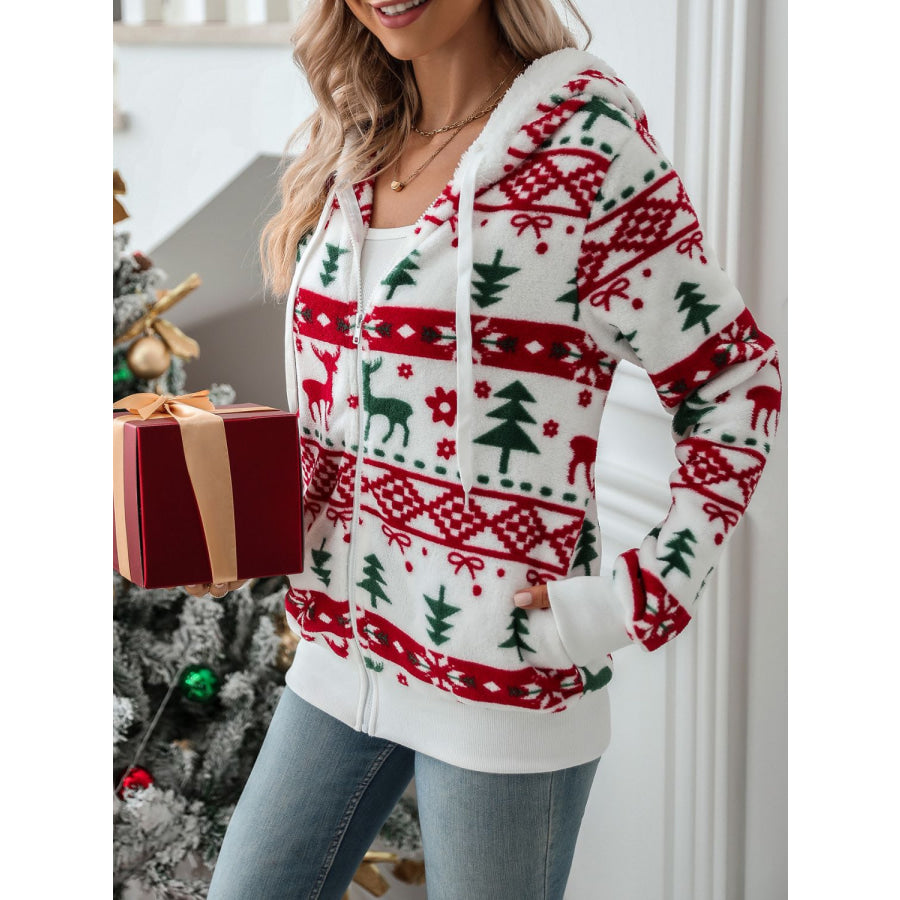 Drawstring Christmas Element Zip Up Hooded Jacket Apparel and Accessories