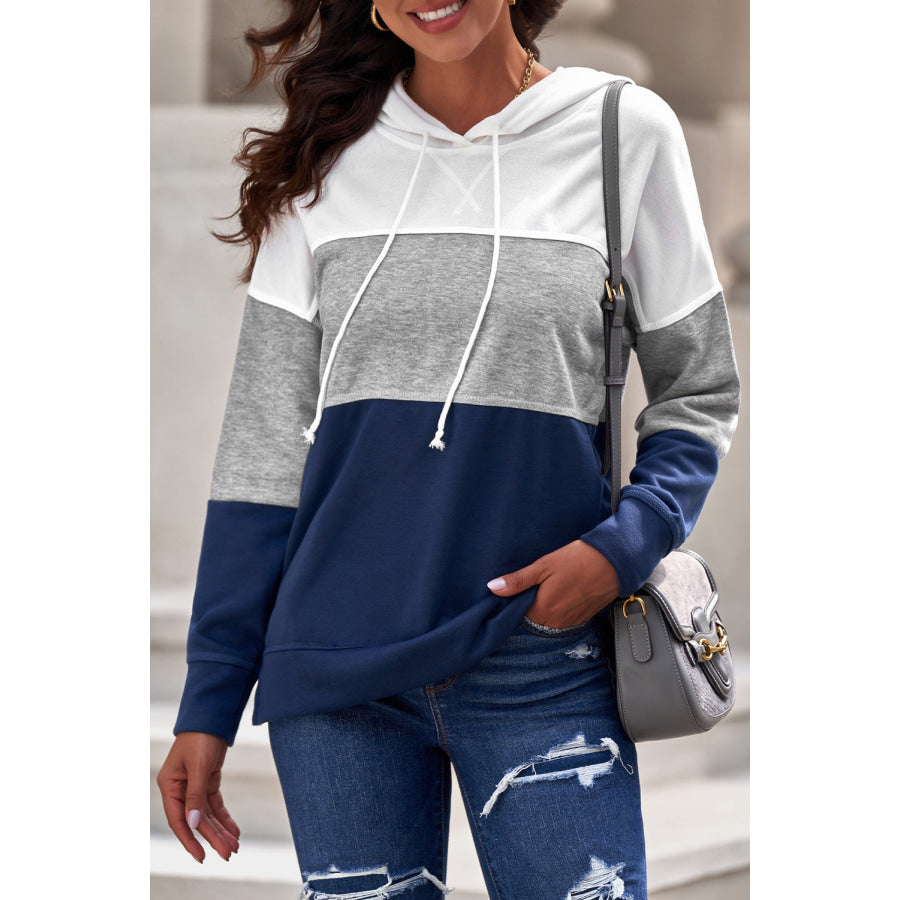 Drawstring Color Block Dropped Shoulder Hoodie Dark Navy / S Apparel and Accessories
