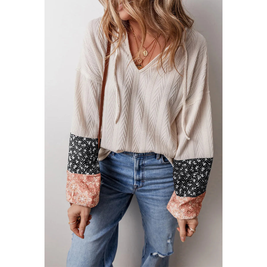 Drawstring Color Block Hooded Long Sleeve Top Apparel and Accessories