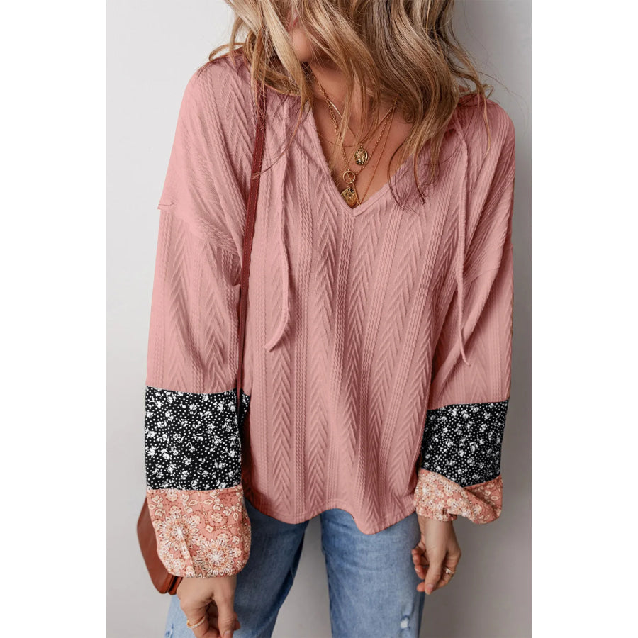 Drawstring Color Block Hooded Long Sleeve Top Dusty Pink / L Apparel and Accessories
