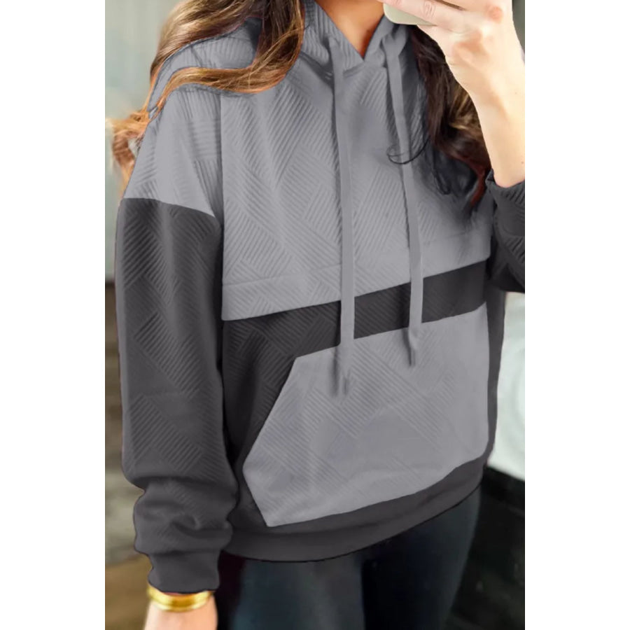 Drawstring Color Block Long Sleeve Hoodie Dark Gray / S Apparel and Accessories