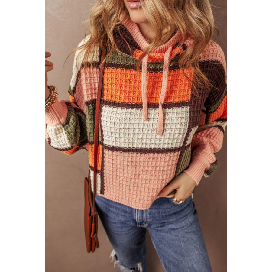 Drawstring Color Block Mock Neck Sweater Apparel and Accessories