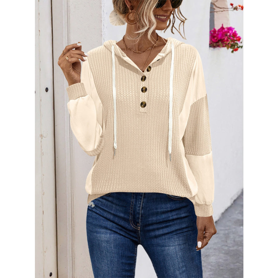Drawstring Contrast Long Sleeve Hoodie Tan / S Apparel and Accessories