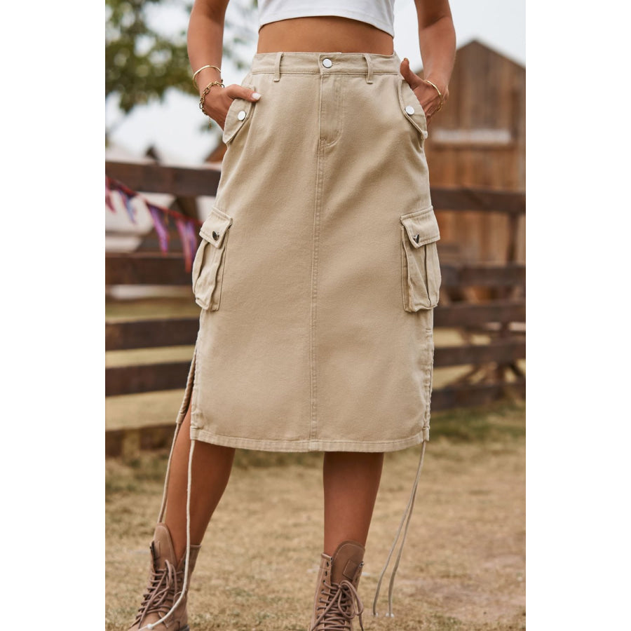Drawstring Denim Cargo Skirt