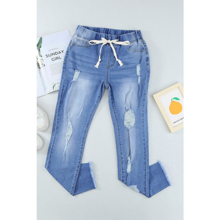 Drawstring Distressed Raw Hem Jeans with Pockets Clothing