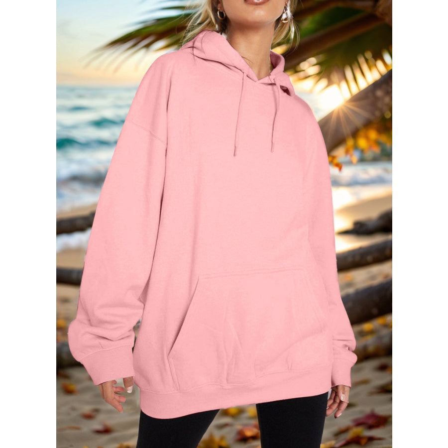 Drawstring Dropped Shoulder Hoodie Blush Pink / S Apparel and Accessories