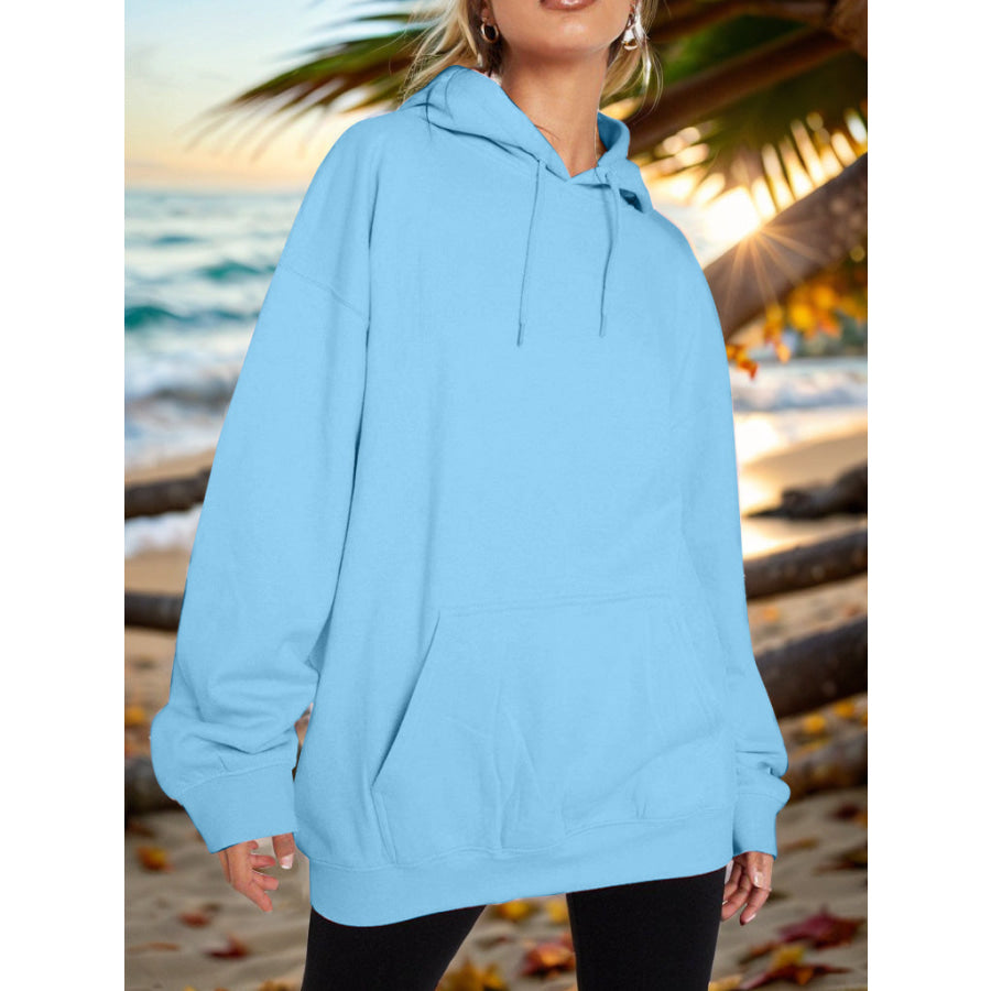 Drawstring Dropped Shoulder Hoodie Pastel Blue / S Apparel and Accessories