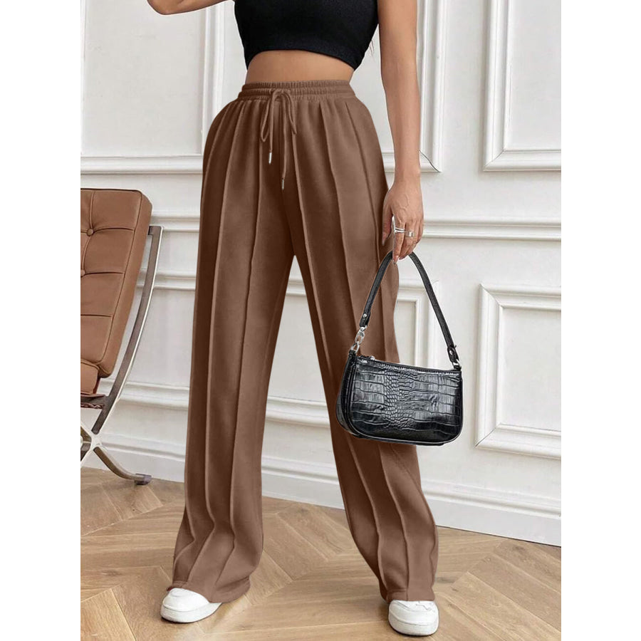 Drawstring Elastic Waist Pants with Pockets Brown / XS Apparel and Accessories