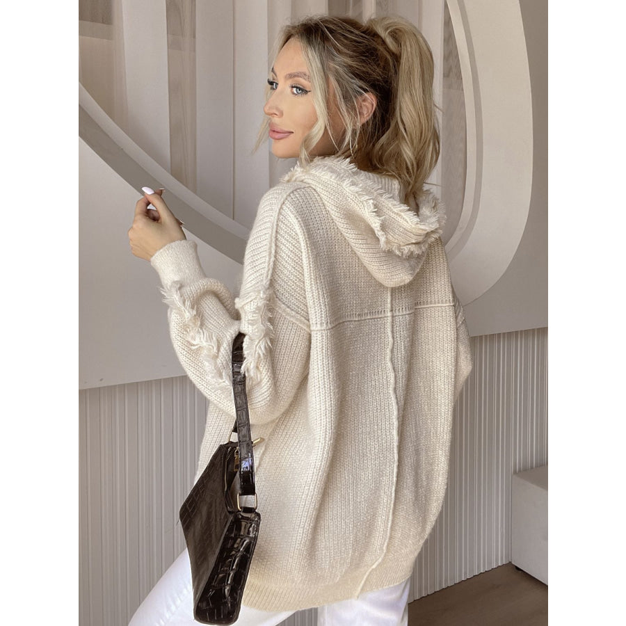 Drawstring Fringe Hem Long Sleeve Hooded Sweater Beige / One Size Apparel and Accessories