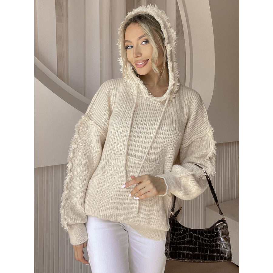 Drawstring Fringe Hem Long Sleeve Hooded Sweater Beige / One Size Apparel and Accessories