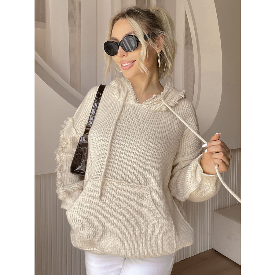 Drawstring Fringe Hem Long Sleeve Hooded Sweater Beige / One Size Apparel and Accessories