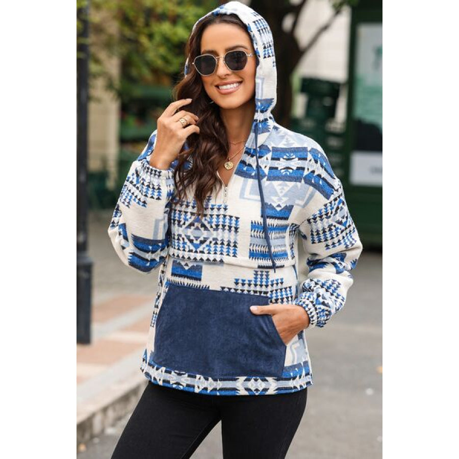 Drawstring Geometric Dropped Shoulder Hoodie Peacock Blue / S Apparel and Accessories