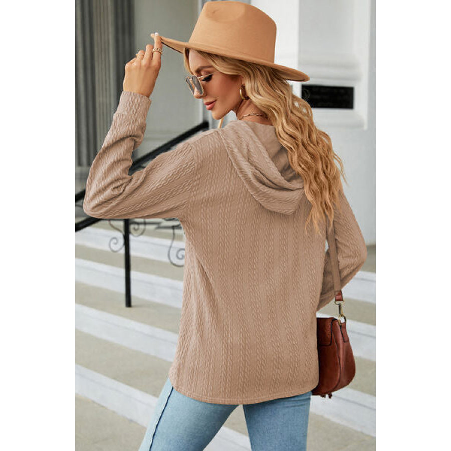 Drawstring Half Button Long Sleeve Hoodie Tan / S Apparel and Accessories