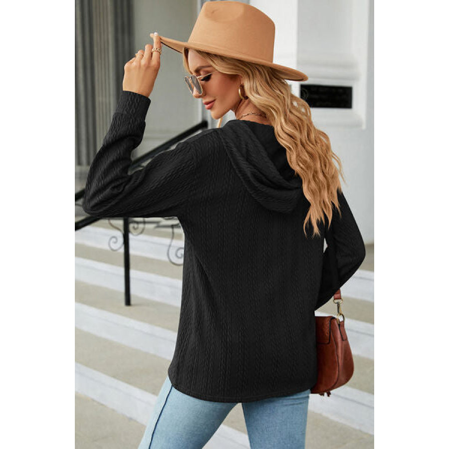 Drawstring Half Button Long Sleeve Hoodie Apparel and Accessories