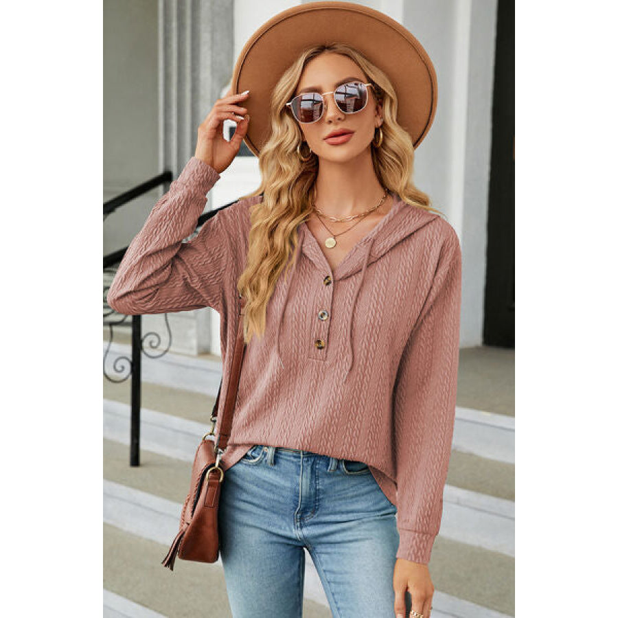 Drawstring Half Button Long Sleeve Hoodie Apparel and Accessories