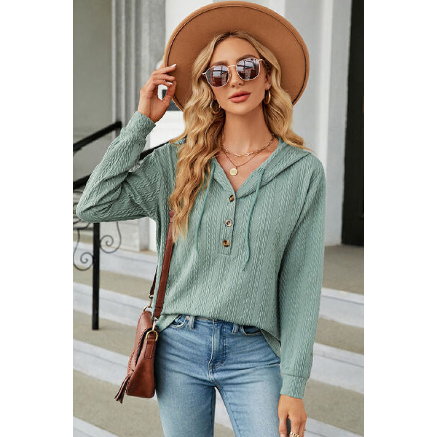 Drawstring Half Button Long Sleeve Hoodie Gum Leaf / S Apparel and Accessories