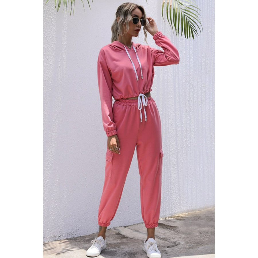 Drawstring Hem Cropped Hoodie and Cargo Joggers Set Hot Pink / S