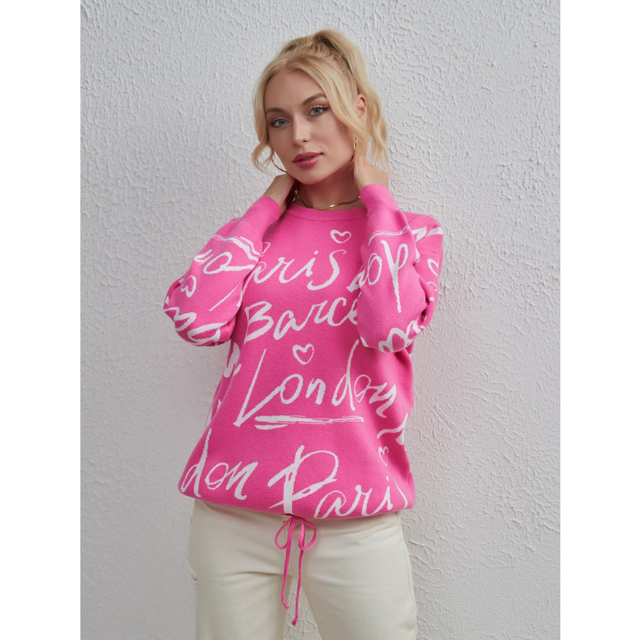 Drawstring Hem Letter Pattern Round Neck Dropped Shoulder Sweater Apparel and Accessories