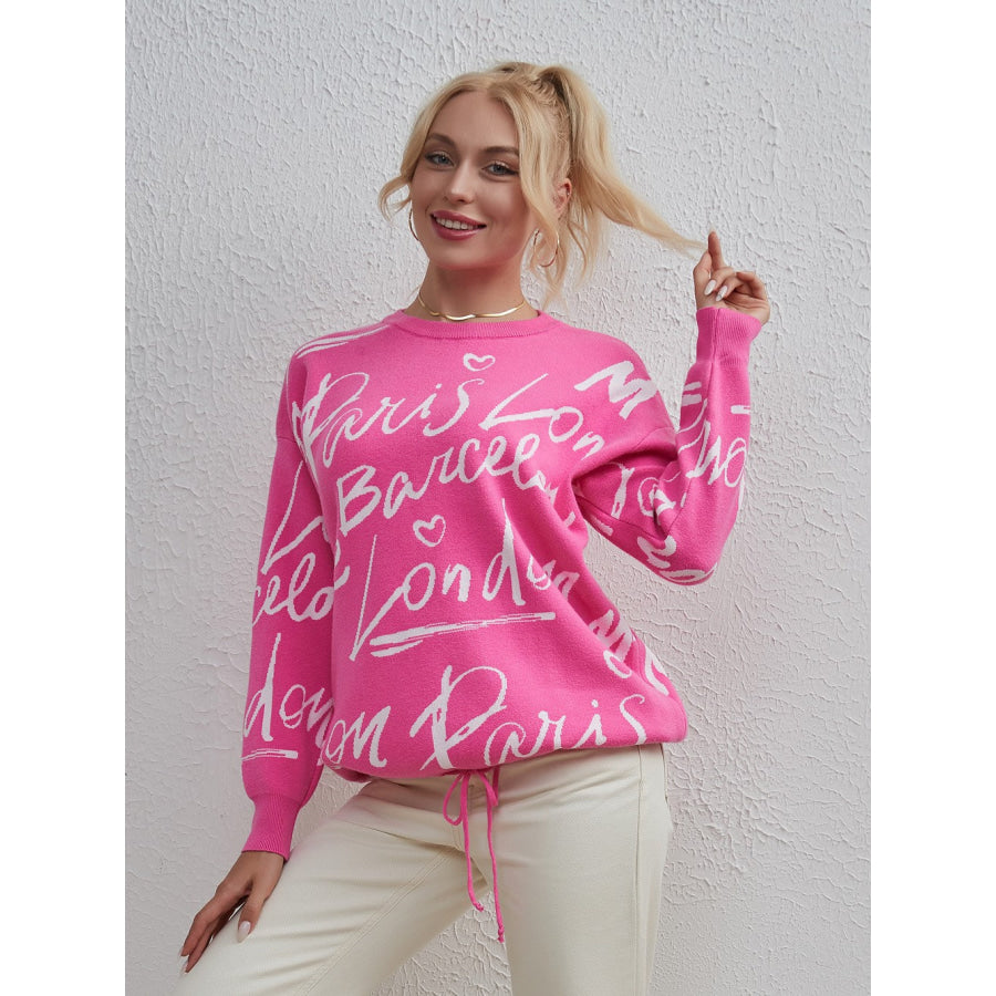 Drawstring Hem Letter Pattern Round Neck Dropped Shoulder Sweater Apparel and Accessories