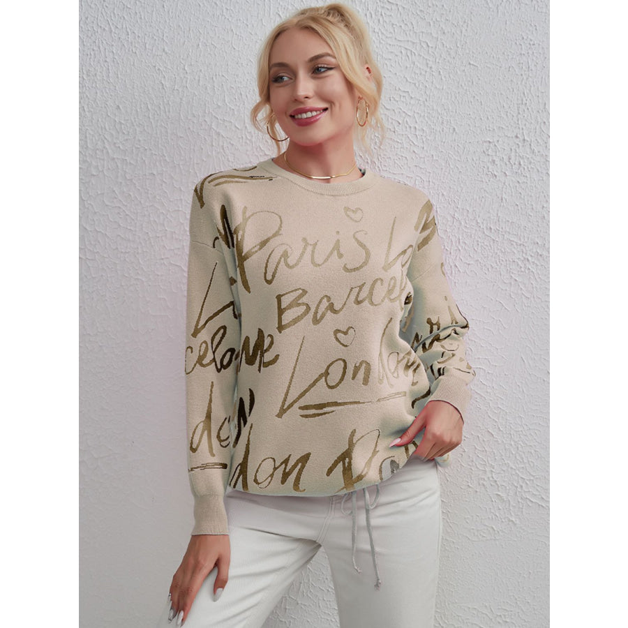 Drawstring Hem Letter Pattern Round Neck Dropped Shoulder Sweater Beige / One Size Apparel and Accessories