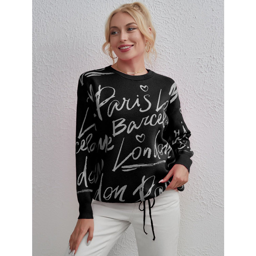 Drawstring Hem Letter Pattern Round Neck Dropped Shoulder Sweater Black / One Size Apparel and Accessories