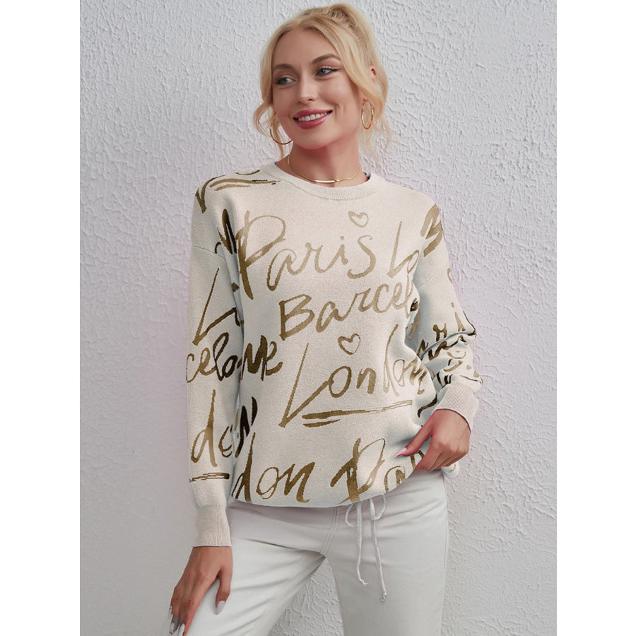 Drawstring Hem Letter Pattern Round Neck Dropped Shoulder Sweater Cream / One Size Apparel and Accessories