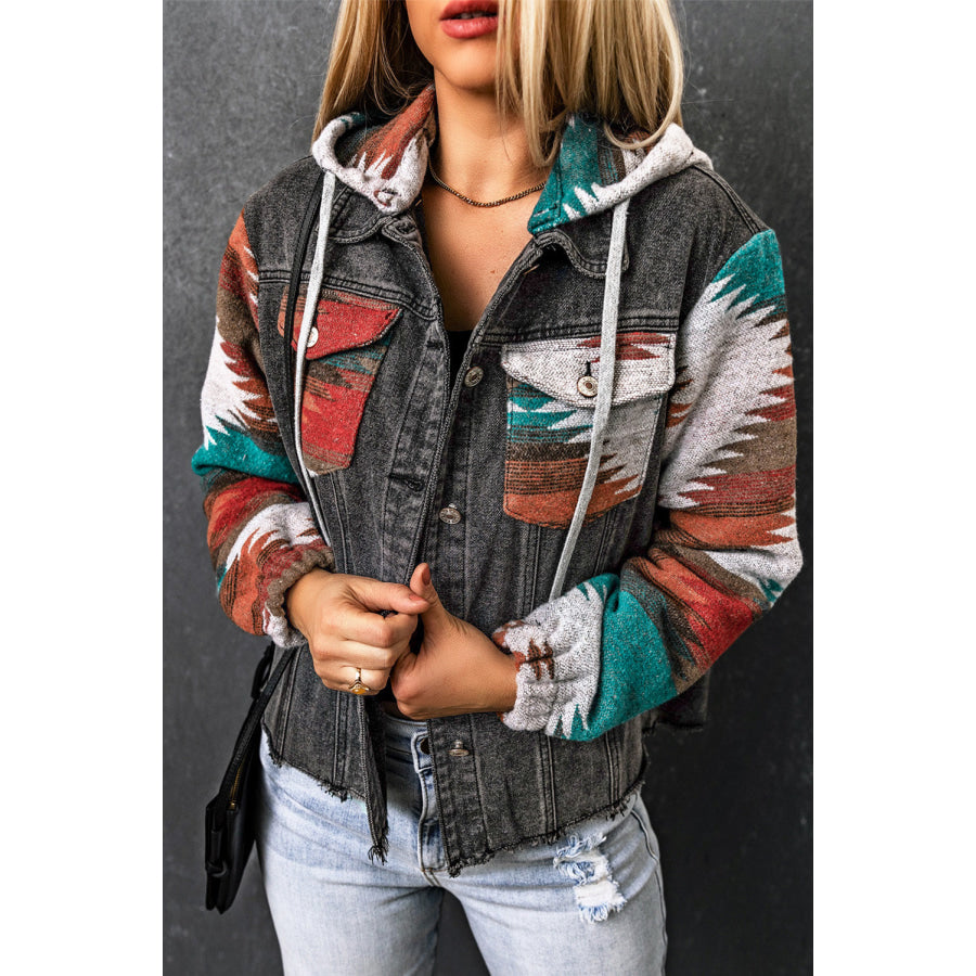 Drawstring Hooded Pocketed Denim Jacket Charcoal / XS Apparel and Accessories