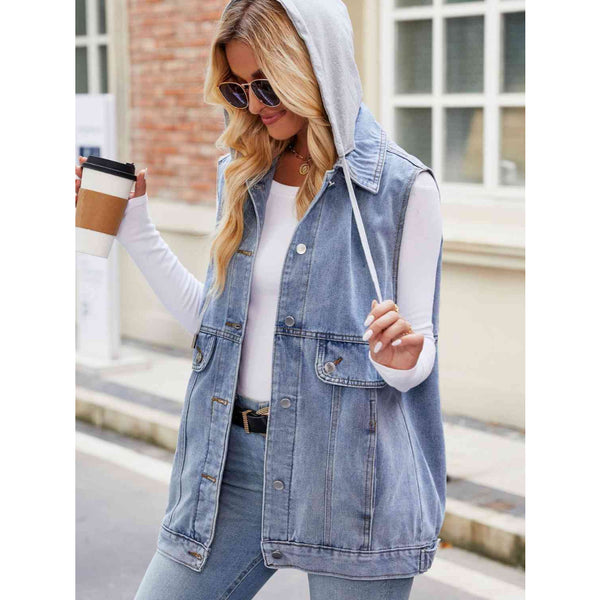 Sandee Rain Boutique Drawstring Hooded Sleeveless Denim Jacket Trendsi Sandee Rain Boutique