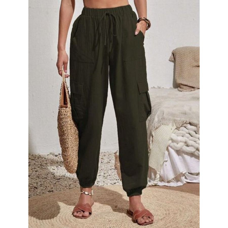 Drawstring Joggers with Cargo Pockets Army Green / S Clothing