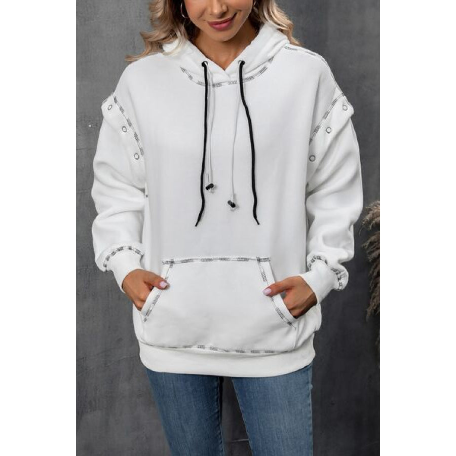Drawstring Kangaroo Pocket Dropped Shoulder Hoodie White / XS Apparel and Accessories