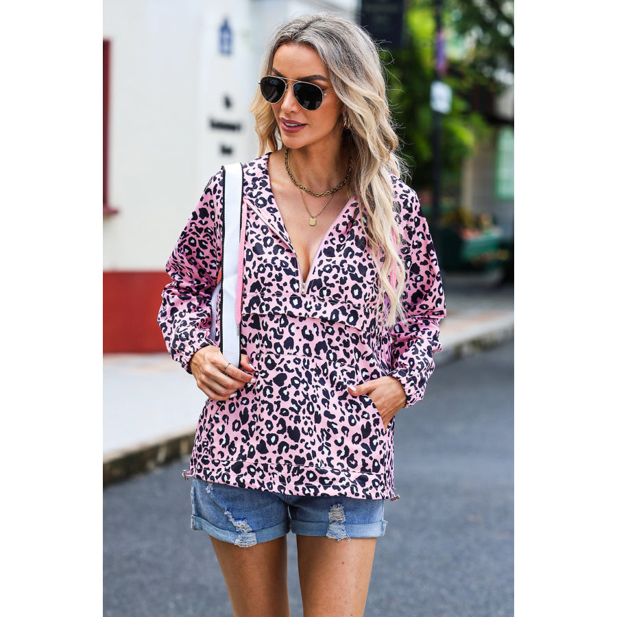 Drawstring Leopard Half Zip Hoodie Apparel and Accessories